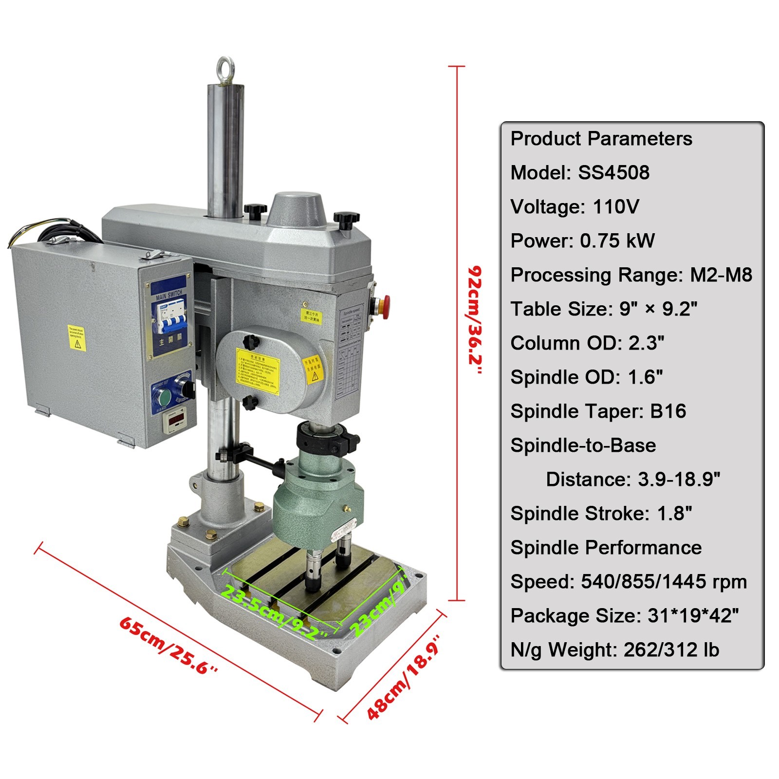 110V 0.75KW M2-M8 Geared Double-Head Tapping Machine B16 Spindle 540/855/1445rpm