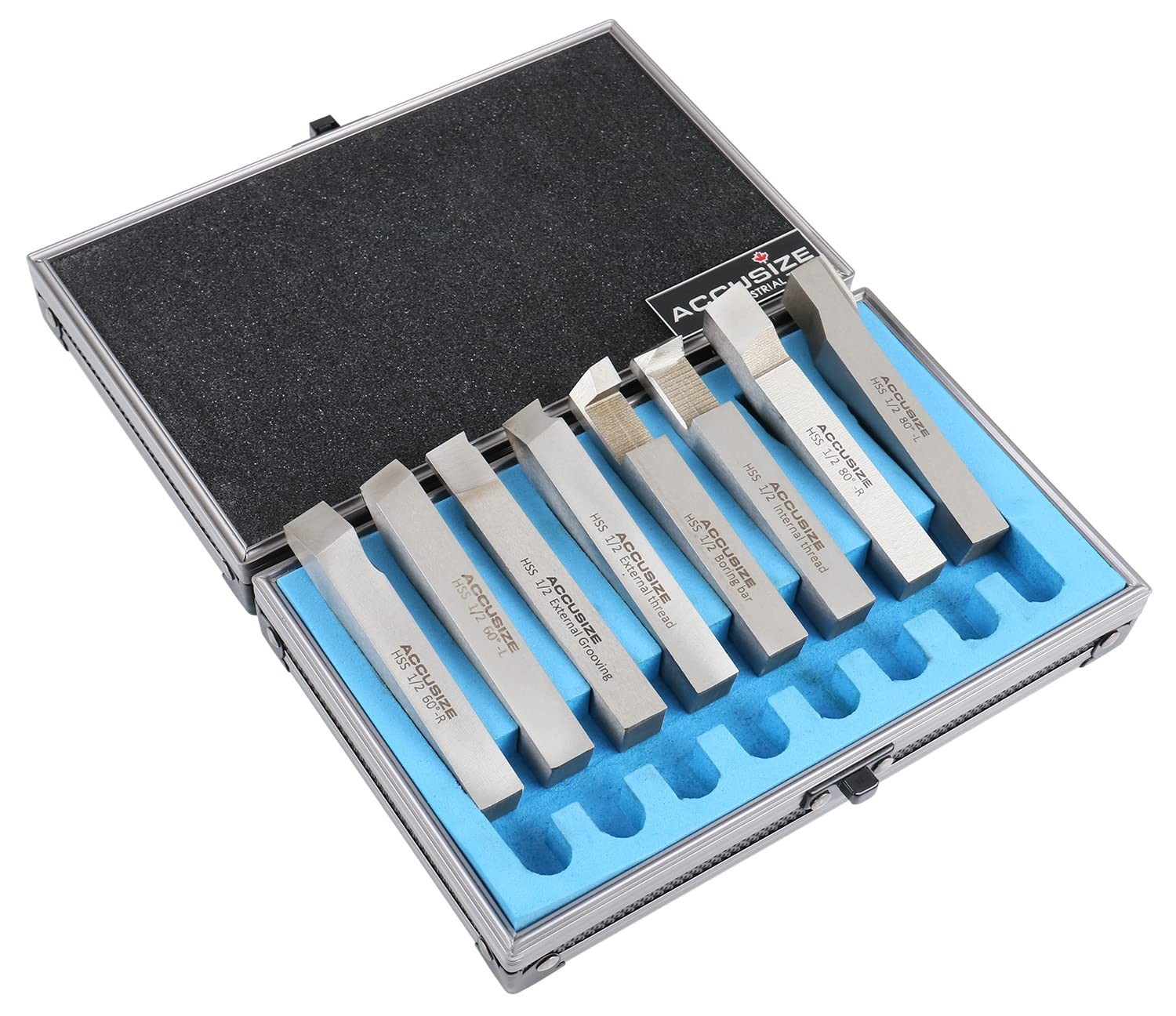 Accusize Industrial Tools 1/2” 8 Pcs Hss Tool Bit Set, Pre-Ground for Turning a